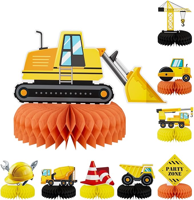 9Pcs Construction Party Decorations, Construction Honeycomb Centerpieces Vehicles Table Decorations Trucks Cars Centerpieces 3D Honeycomb Decoration for Truck Theme Birthday Party Supplies