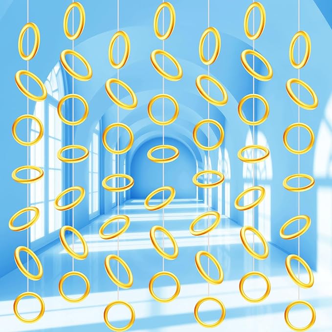 Janlaugh 8 Pcs Gold Rings Party Decorations Gold Power Rings Garland Banner Golden Classroom Ceiling Hanging Streamers Cutouts for Video Games Birthday Baby Shower Party Supplies Photo Booth Backdrops