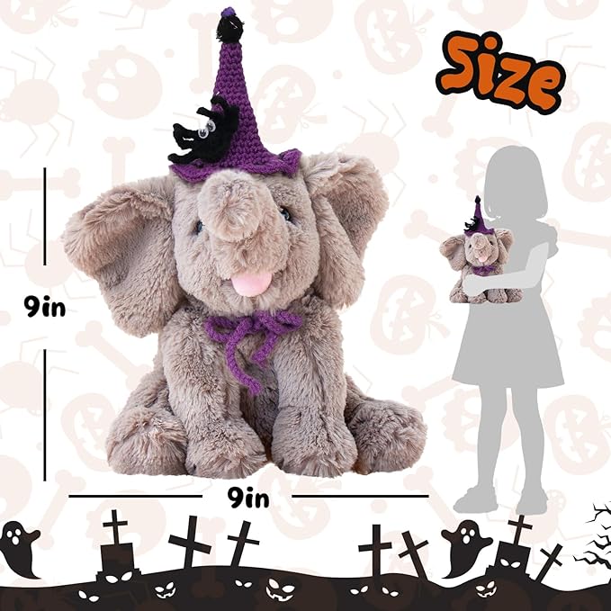 Hopearl Adorable Halloween Plush Calf Elephant Toy with Knitted Witch Hat Floppy Elephish Ultra Soft Stuffed Animal for Boys Girls Kids Toddlers, Gray, 10''