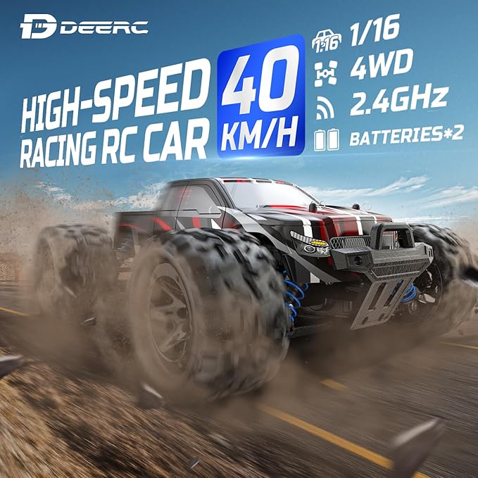 DEERC 9300E Remote Control Car High Speed RC Cars for Kids Adults 1:16 Scale 40 KM/H 4WD Off Road Monster Trucks,2.4GHz All Terrain Toy Trucks with 2 Rechargeable Battery