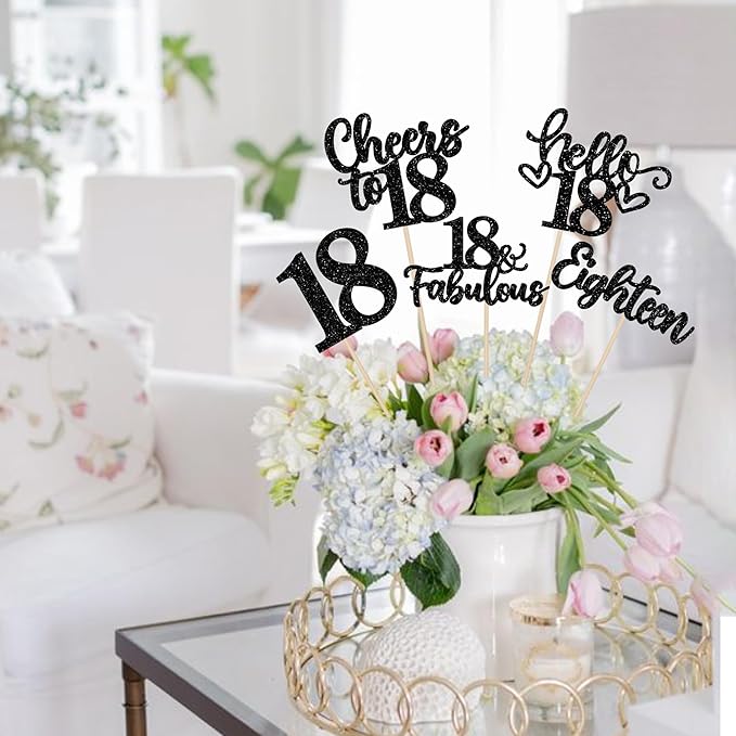 15PCS Happy 18th Birthday Centerpiece Sticks Hello 18 Cheers to 18 Birthday Table Flower Centerpieces Sticks Eighteen 18 Fabulous Floral Decorations for 18th Birthday Party Centerpieces Supplies Black