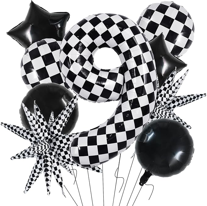 TONIFUL 40 Inch Checkered 9th Birthday Balloons Set Number 9 Race Car Black White Checkered Round Explosion Star Balloons Boys Race Car Themed Birthday Party Decoraction