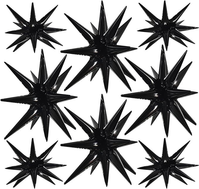TONIFUL 8 Pcs Black Star Foil Balloons Large Star Balloons Black Explosion Mylar Balloons for Party Backdrop Christmas New Year Halloween Birthday Wedding Baby Shower Anniversary Photo Booth Supplies