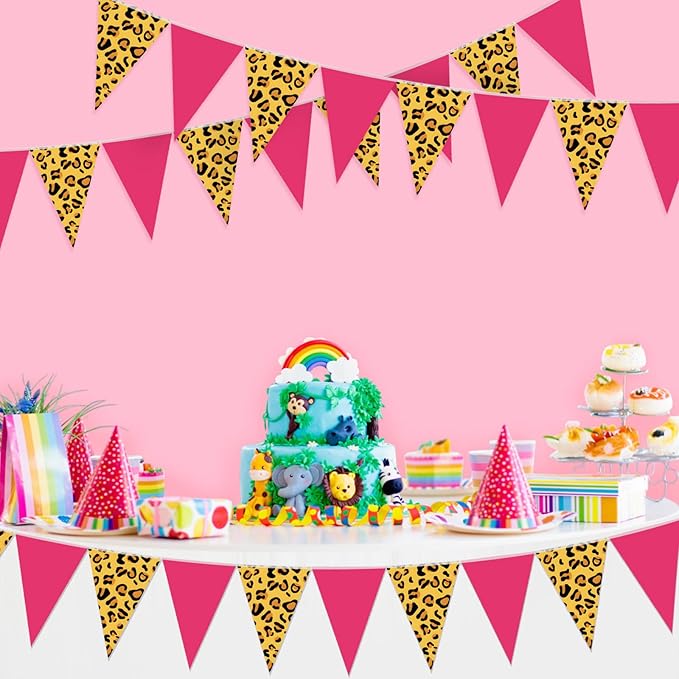 Tiamon 5 Pcs Leopard Cheetah Print Birthday Banner Decoration Hot Pink Cheetah Zoo Pennant Bunting 49.2 Ft Wild Animal Print Triangle Flag for Baby Shower Safari Leopard Party Supply Zoo Decor