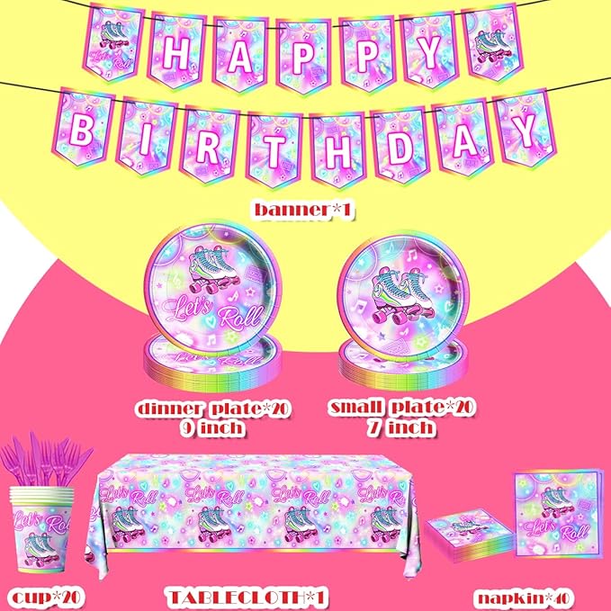 142Pcs Roller Skating Birthday Party Supplies Tableware Set Roller Skater Decoration Let's Roll Birthday for Boy or Girl,Colorful Plates and Napkins Cups Tablecloth Banner