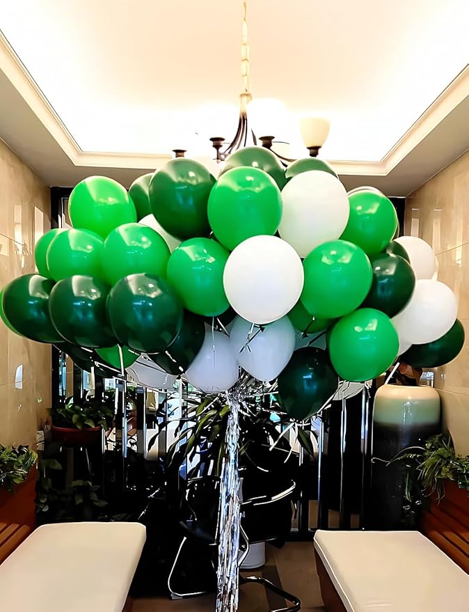 Green and White Balloons, 60 Pcs 12 inch Dark Green Balloons White Party Balloon Natural Latex Balloon for St Patricks Day Decorations, Jungle Safari Birthday Baby Shower Party Supplies