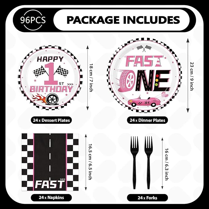 96Pcs Fast One Party Decorations for Girls Pink Race Car 1st Birthday Plates and Napkins Tableware Set Racing Car 1 Year Old Party Decorations Favor for Baby Shower First Birthday Supplies Serves 24
