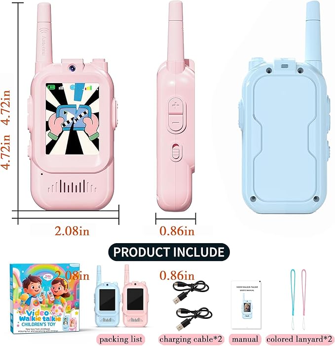 Video Walkie Talkies for Kids, Long Range Rechargeable Kids Walkie Talkies with Camera & Screen, 4 Voice Changer Real-Time Video Calls Toys, Birthday Gifts for Boys Girls Ages 3-12 (Blue+Pink)