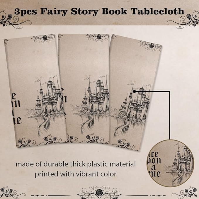 3 Pack Fairytale Birthday Tablecloths Once Upon a Time Baby Shower Decorations Story Book Plastic Tablecloth Castle Birthday Baby Shower Table Covers 108 x 54 Inch