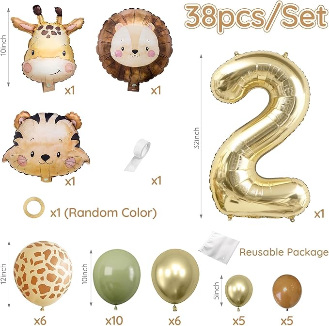 Jungle Safari Birthday Balloons, Animal Balloons Décor Happy Birthday Party Decoration for Wedding Birthday Party (Number 2)