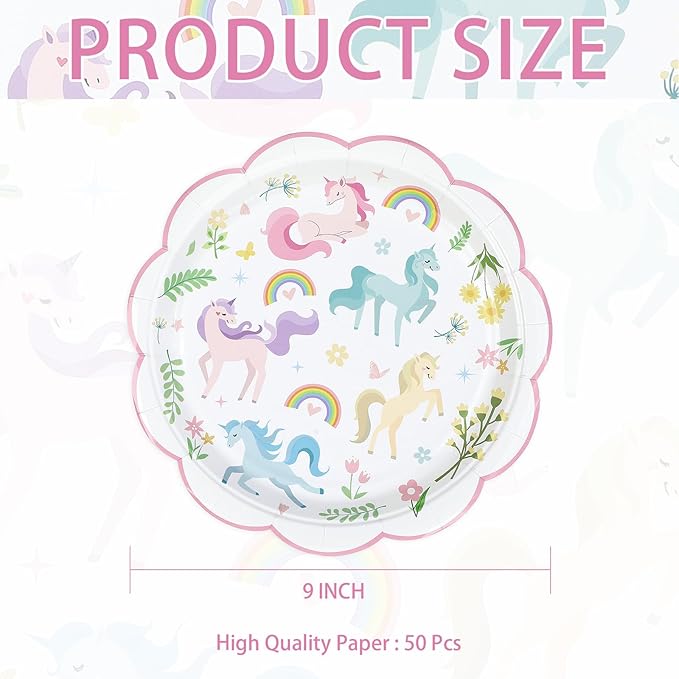 50Pcs Magical Pastel Unicorn Birthday Paper Plates 9 Inch Heavy Duty Pastel Rainbow Disposable Dessert Plates Pink Unicorn Party Decorations for Girls' Birthday Baby Shower Party Supplies