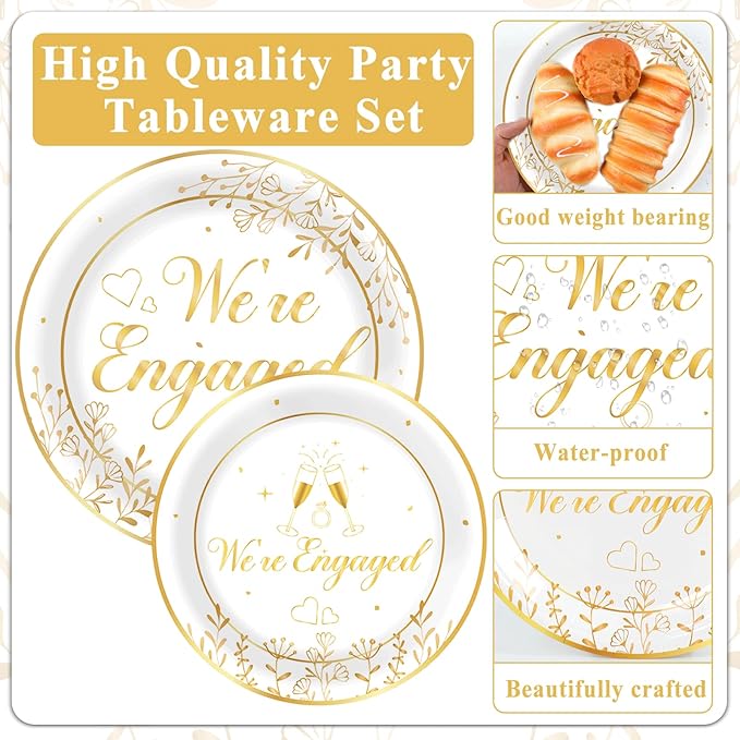 96Pcs Happy Engagement Party Supplies Engagement Paper Plates Napkins We're Engaged Party Tableware Set We're Engaged Dinnerware for Wedding Birthday Bridal Shower Decoration Serve 24
