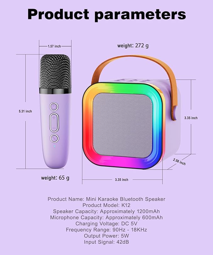 Mini Karaoke Machine Speaker for Kids Adults,Portable Bluetooth with 1-2 Wireless Microphones,Christmas Birthday Gifts Toys Girls Boys Ages 4, 5, 6,7, 8,9,10,11,12+ Years Old Toddler (Purple - 1 Mic)