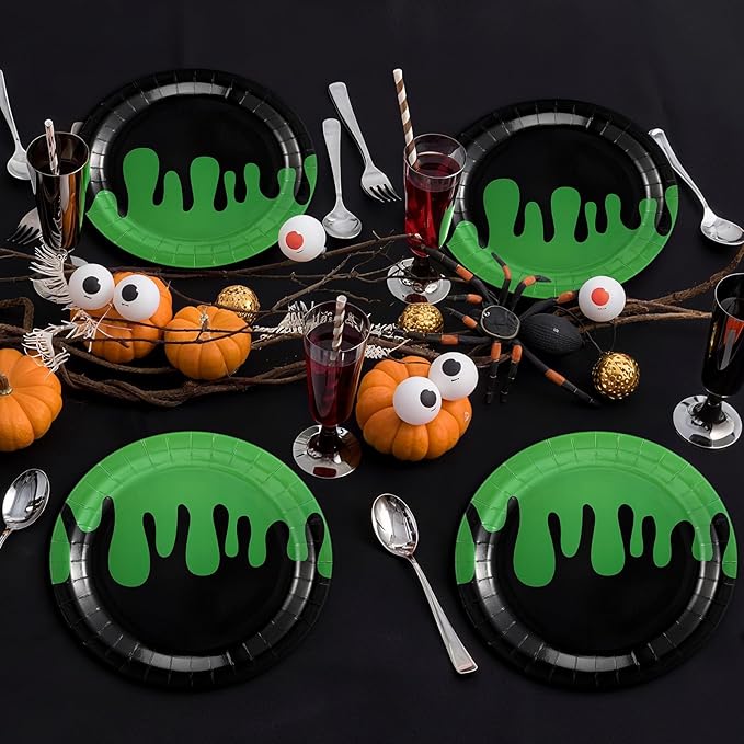 48 Pcs Ghost Party Paper Plates Green and Black Disposable Dessert Plates Set for Kids Boys Girls Birthday Themed Party Supplies Halloween Decorations, 7 Inches and 9 Inches