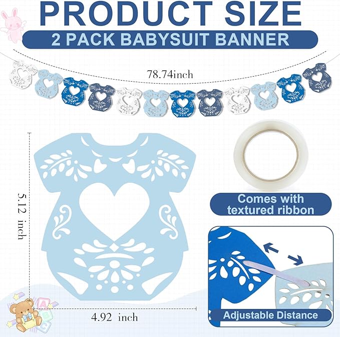 2 Pack Cielito Lindo Papel Picado Baby Shower Banner Decoration, Mexican 24 Pcs Bodysuit Card with Hanging String Fiesta Garland for Gender Baby Shower Party Supplies (Novel Color)