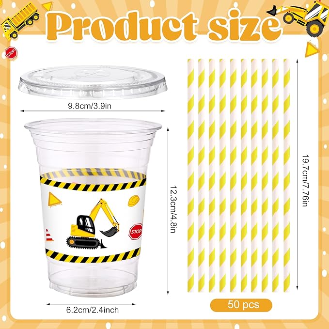 Yungyan 50 Sets Construction Theme Party Plastic Cups with Lids and Straws 16 oz Coffee Juice Drinking Cups for Birthday Baby Shower Party Supplies