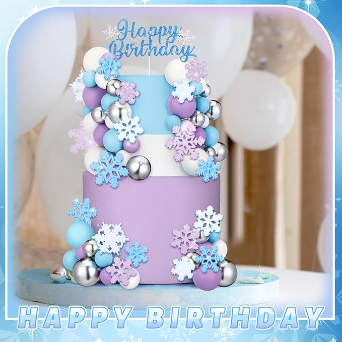 Tioncy 71 Pcs Snowflake Cake Toppers Set Multicolor Balls Blue Princess Happy Birthday Cake Topper Decorations for Winter Wonderland Birthday Snowflake Party Supplies