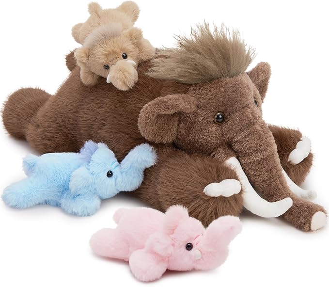 4Pcs Woolly Mammoth Plush Toy, Cute 22" Mommy Elephant Stuffed Animal with 3 Babies for Boys Girls Kids, Cuddly Christmas Birthday Gift for Ancient Animal Lover
