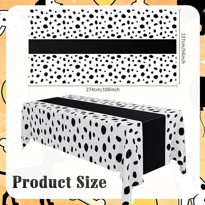Irenare 6 Pcs Dalmatian Tablecloth Polka Dot Tablecloth Printed Table Runner Waterproof Disposable Art Table Cover for Birthday Wedding Picnic Tea Party Decoration, 54" x 108"(Black)