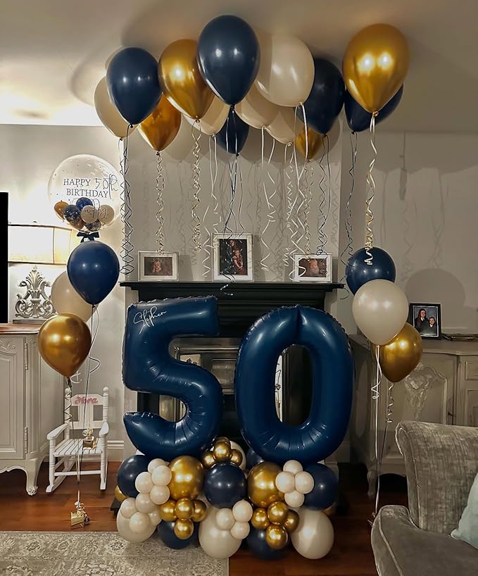 Navy Blue and Gold Balloons, 12 Inch Dark Blue and Gold Double Stuffed Pearl White Sand Balloons for New Year Graduation Mens Birthday Retirement Party Decorations