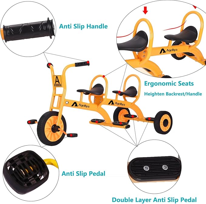 Kids Tricycles for Preschoolers Ages 3+, Ideal Outdoor Playground & Daycare Yard Trike with Passenger Seat, Durable Metal Pedal Kids Tandem Tricycles, Sturdy Carbon Steel Frame, Solid Rubber Tires
