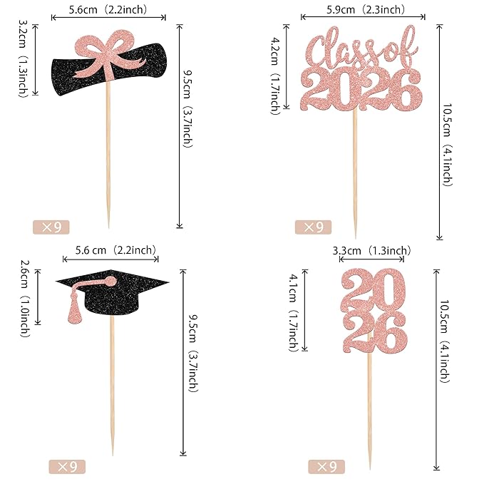 36 PCS 2026 Graduation Theme Cupcake Toppers Glitter Class of 2026 Grad Cap Diploma Cupcake Picks 2026 Graduation Theme Party Cake Decorations Supplies Rose Gold