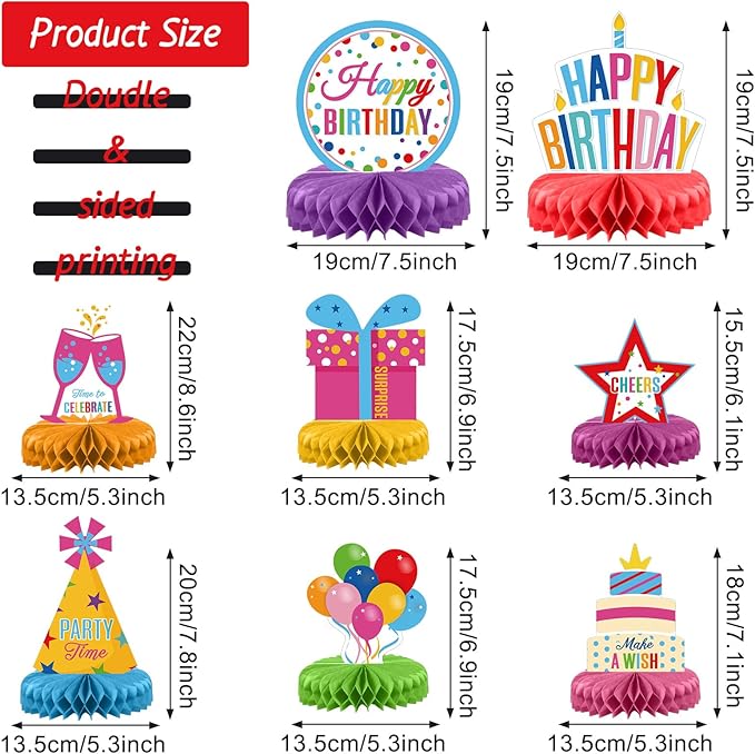 Pajean 8 Pieces Colorful Birthday Party Honeycomb Centerpieces Colorful Table Centerpieces Decorations Table Centerpiece Sign for Kids Adults Party Supplies