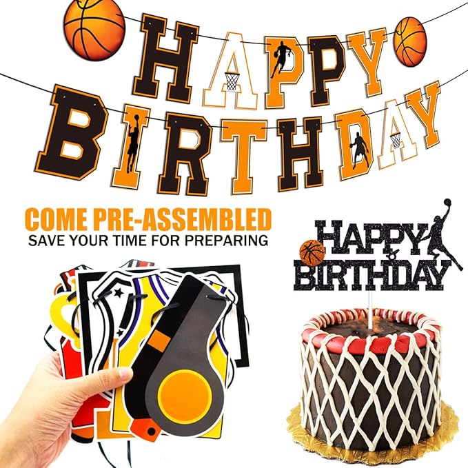 Basketball Birthday Decorations Include Pre-Strung Happy Birthday Banners, NO DIY Cake Topper, Balloons, Slam Dunk Sports Game Day Themed B-Day Party Supplies for Kids Teenagers Boys Men Women