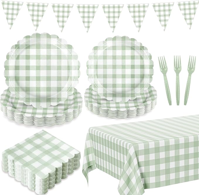 102 PCS Sage Green Gingham Party Supplies - Scalloped Plates, Napkins, Cups, Forks, Banner, Gingham Tablecloth for Baby Shower, Wedding, Birthday, Serves 25