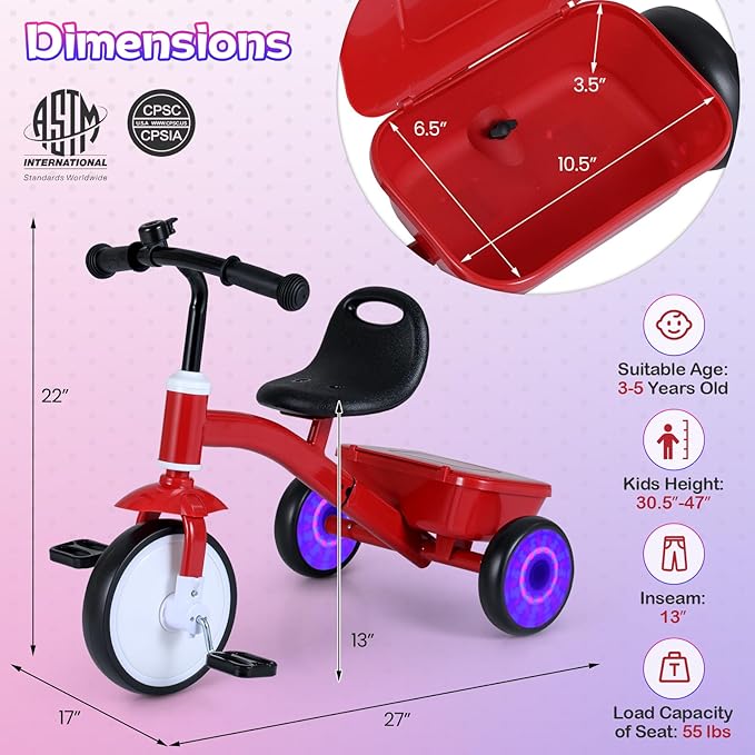 BABY JOY Toddler Tricycle, Kids Trike with Glowing Rear Wheels, Adjustable Seat, Detachable Pedals & Storage Box for Boys and Girls Indoor Outdoor Riding, Baby Balance Bike for 3-5 Years Old (Red)