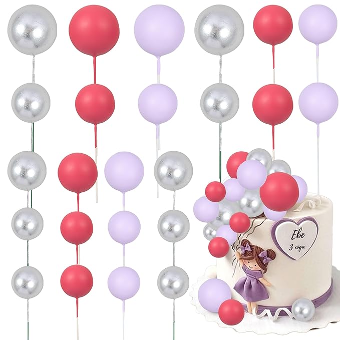 Gyufise 30Pcs Balls Cake Toppers Ball Cake Picks Ball Cupcake Toppers Foam Balls Cake Topper Insert Mini Balloons Cake Decorations for Baby Shower Birthday Party Supplies Silver Rose Red Light Purple