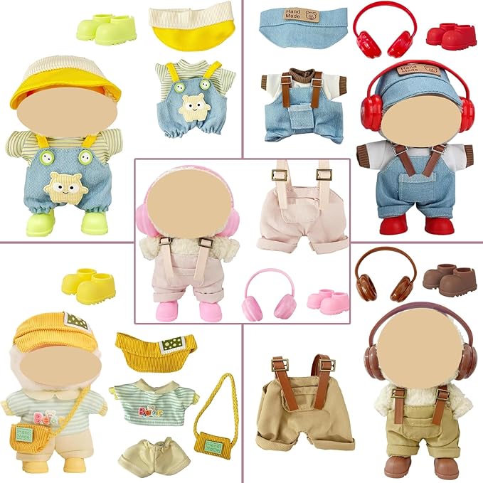 17cm Doll Clothes Overalls Outfit Set, Include 5 Styles with Hats, Headphones, Shoes and Bag, Cute Dress Up Accessories for Doll Play and Display, (No Dolls)