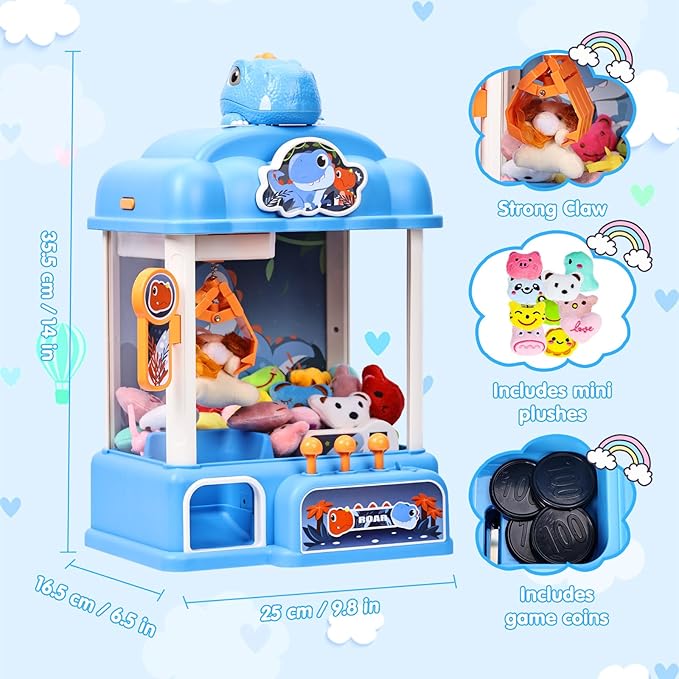 CWLAKON Claw Machine for Kids Boys Dinosaur Toys, Mini Vending Machine with Sound & 20 Mini Toys, Large Candy Grabber Prize Dispenser Electronic Arcade Games, Christmas Birthday Gifts for Boys, Blue