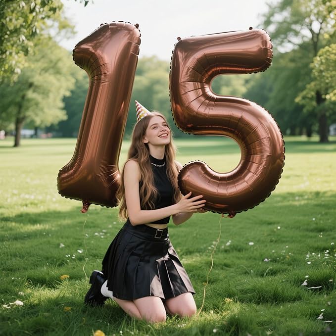 40 Inch Dark Brown Balloon Number 15,Chocolate Jumbo Mylar Foil Helium Balloon for 15th Digital Balloons for Birthday Party,Wedding Anniversary Party Decorations