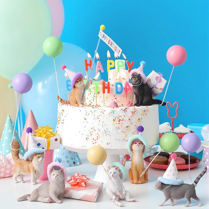 Weysat 37 Pcs Cat Birthday Party Decorations, Cat Cake Cupcake Toppers with Mini Hats Miniature Flags Gift Boxes Balls Figure Models for Kitty Birthday Party Supplies Adults