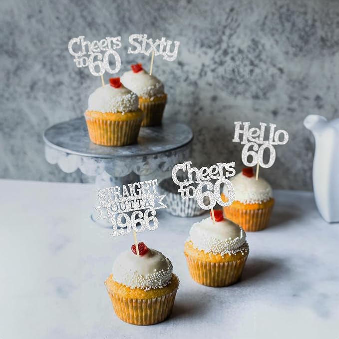Ephlyn 24Pcs Happy 60th Birthday Cupcake Toppers Glitter Straight Outta 1966 Cupcake Picks Hello 60 Cheers to 60 Years Birthday Cake Decorations for 60th Birthday Anniversary Party Supplies Silver