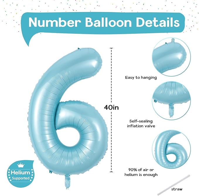 Light Blue Number 6 Balloon for Kids 6th Birthday, 40 Inch Large Pearl Baby Blue Number Foil Balloon, Mylar Self Inflating Helium 6 Balloon for Boys Men Birthday Party Anniversary Decorations Supplies