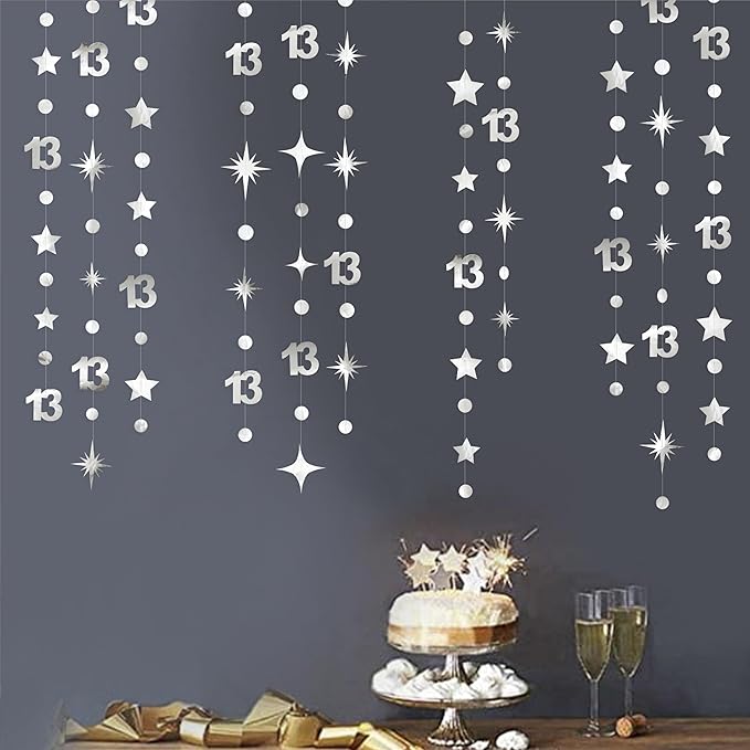 Silver 13th Birthday Decorations Number 13 Circle Dot Twinkle Star Garland Metallic Hanging Streamer Bunting Banner Backdrop Girls Boys 13 Years Old Birthday Thirteen Official Teenager Party Supplies