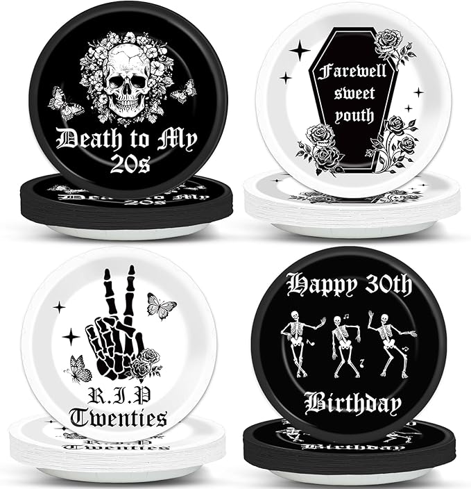 CHUNNIN 48Pcs Gothic Death to My 20s Party Paper Plates 30th Birthday Themed Party Supplies 7" Death to My Twenties Party Rip to My 20s Disposable Plates for 30th Birthday Party Decorations