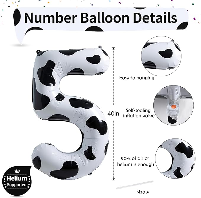 Cow Print Number Balloons 5 for Kids, 40 Inch Foil Large Number 5 Self Inflating Balloon for Boys Girls 5th Birthday Decorations Farm Animal Theme Cowboy Cowgirl Theme Party Decoration Supplies