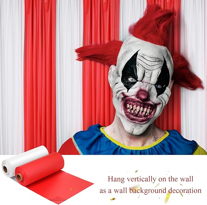 Moukeren 40'' x 100' Circus Tablecloth Roll Plastic Tablecloth Disposable DIY Carnival Tent Party Supplies for Big Top Tent Backdrop Curtains Ceiling Wall Drapes(White, Red,6 Roll)