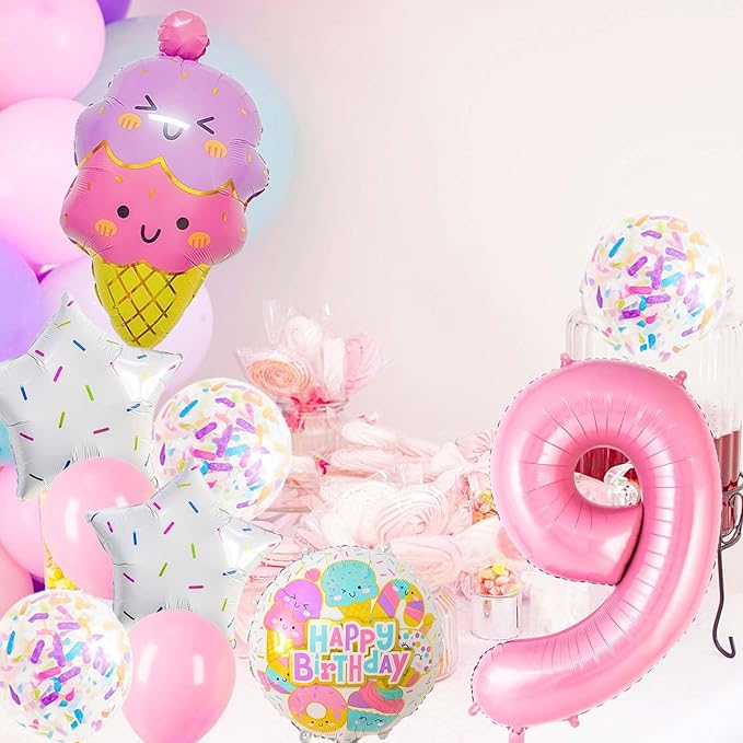 Pink Ice Cream Balloons, Number 9 Balloon, 9th Birthday Decorations for Girls, Ice Cream Balloon for Girls Birthday Party Decoration (9)