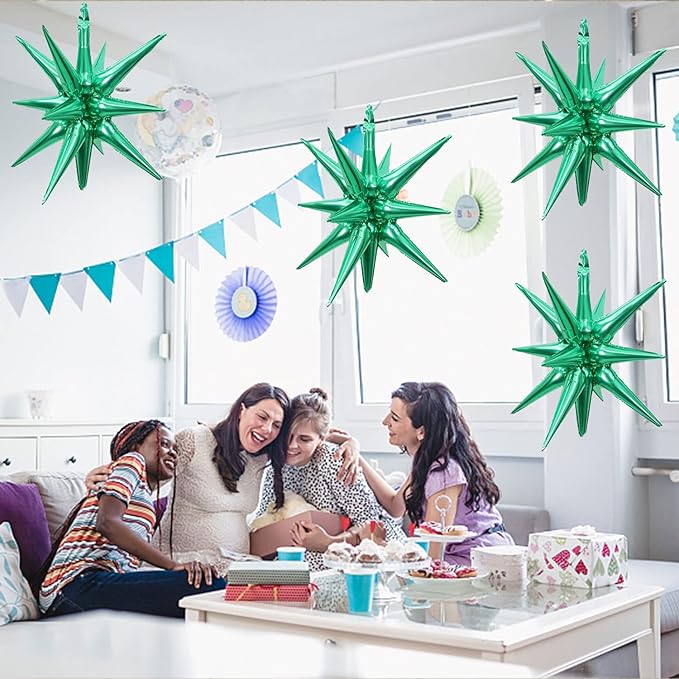 6 Pcs Green Star Foil Balloons One-Piece 14-Pointed Star Balloon 4D Starburst Cone Mylar Balloon 22inch Christmas Birthday Wedding Wedding Anniversary Party Supplies(Green)