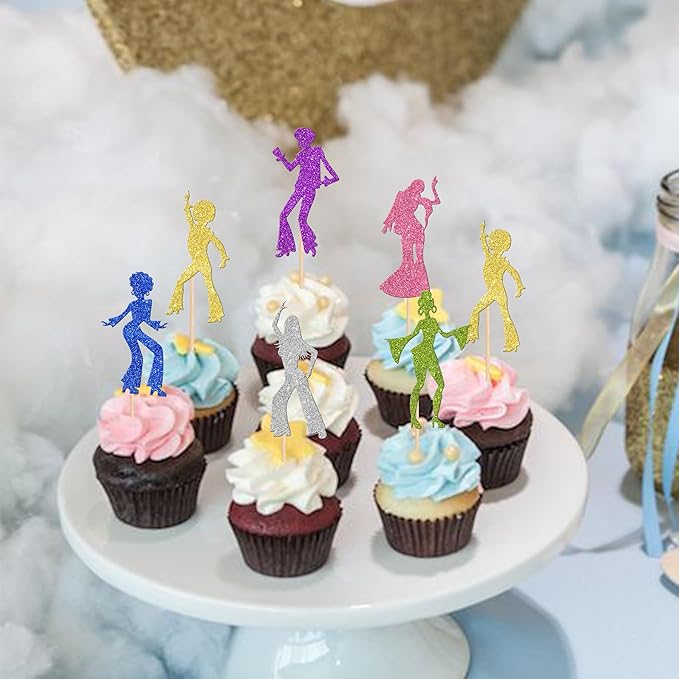 24 PCS 70's Disco Cupcake Toppers & Picks - Glittering Cupcake Decorations for Disco Music Theme Birthday Party Cake Decorations Supplies - Colorful
