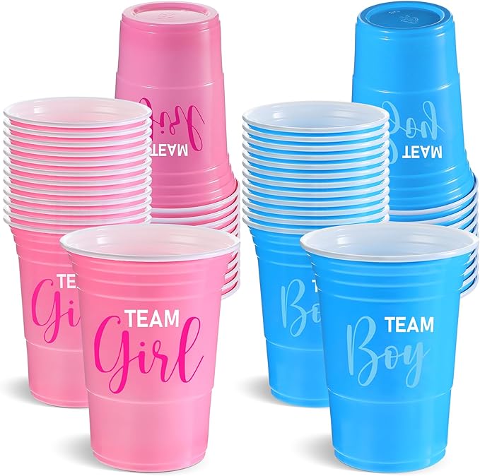 Norme 48 Pcs Gender Reveal Plastic Cups Gender Reveal Party Supplies Team Boy Team Girl Disposable Blue Pink Cups for Beverage Drink Tableware (16 oz)