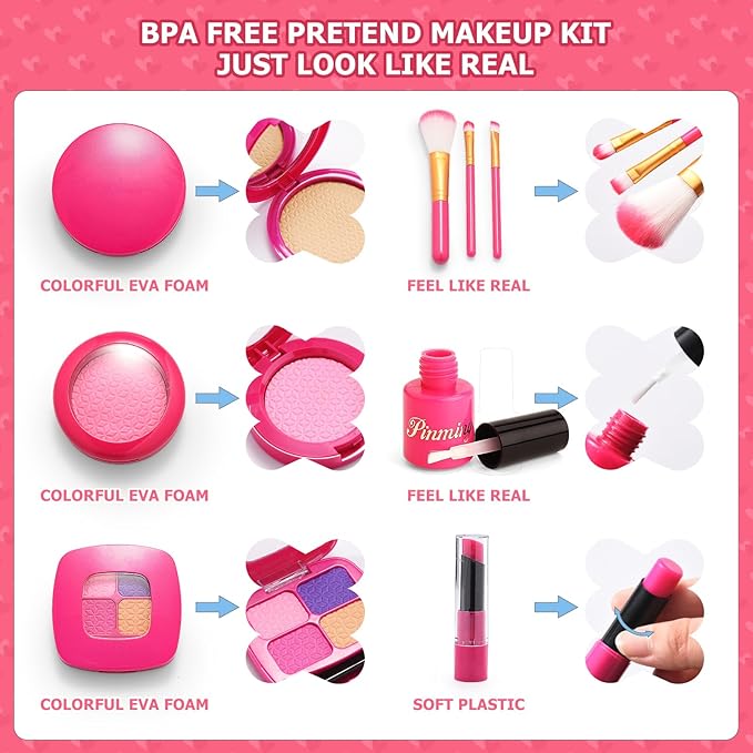 Little Girl Purse with Pretend Makeup Kit, Toddler Purses with Accessories, Kids Play Make up Toy with Handbags, Pink Princess Kit Gifts Toddler Girls Toys for 3 3-5 4-6 3 4 5 6 7 8 Year Old