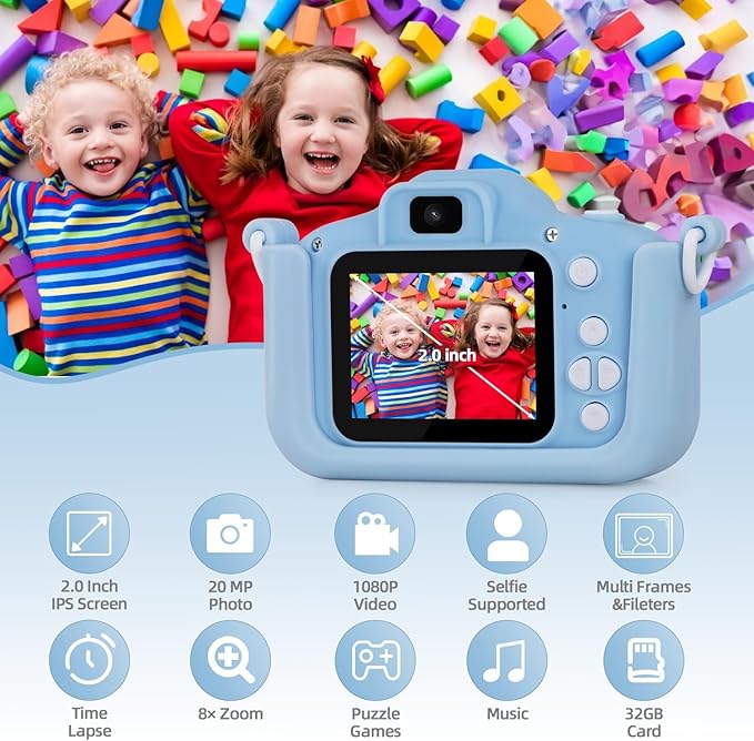Kids Camera for 3-12 Years Old,Toddlers Childrens Girls & Boys Selfie Camera, 48 MP 1080P IPS Screen Dual Digital Toy Camera, Perfect for Kids Birthday with 32GB Card