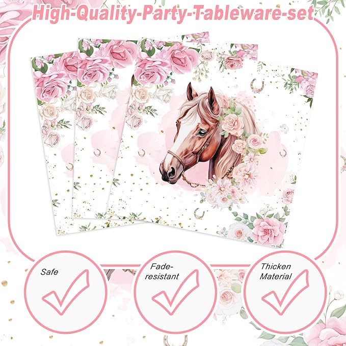 120PCS Cowgirl Horse Birthday Party Supplies Pink Western Horse Party Decorations for Girls Plates Napkins Party Supplies Serves 20 Guests