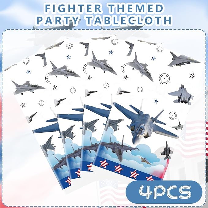 4 Pcs Fighter Jet Pilot Party Tablecloth Decorations, Waterproof Rectangular Table Cover, for Pilot Aviation Party Supplies 52 x 108 Inch