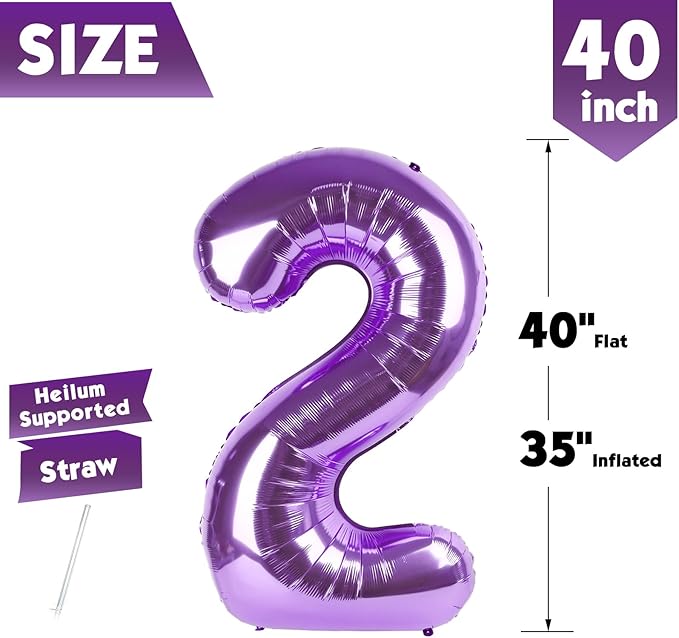 40 Inch Purple Number 2 Balloon, Giant 2 Number Balloons for 2nd Birthday Decorations, Party Supplies for Baby Boy Girl, Purple Party Decor